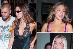Hailey Bieber visto em minúsculo vestido preto enquanto sai da festa com Justin