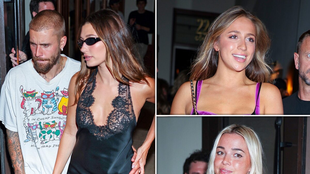 Hailey Bieber visto em minúsculo vestido preto enquanto sai da festa com Justin