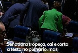Senadora tropeça, cai e corta a testa no plenário, mas passa bem; veja vídeo