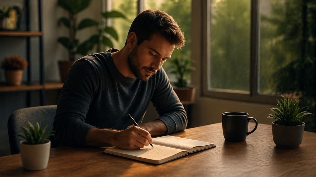 Pessoa anotando ideias em um ambiente silencioso, representando criatividade e inspiração