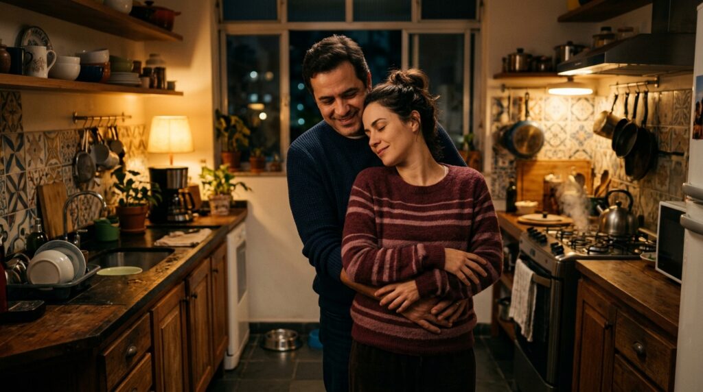 Marido abraçando a esposa de forma carinhosa na cozinha, oferecendo apoio emocional após um dia difícil.