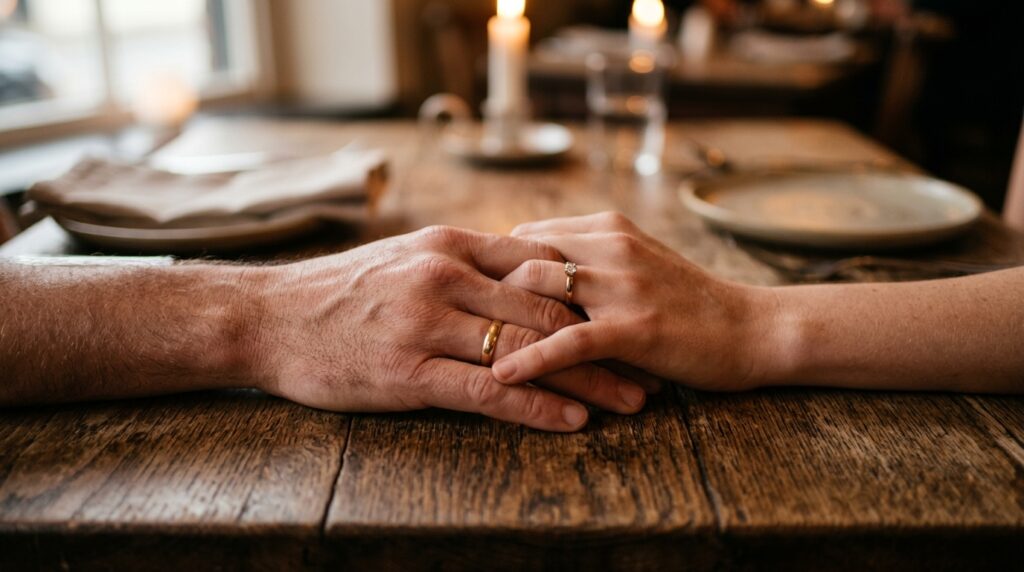 Casal de mãos dadas sobre a mesa de jantar, simbolizando um acordo e uma conversa transparente.