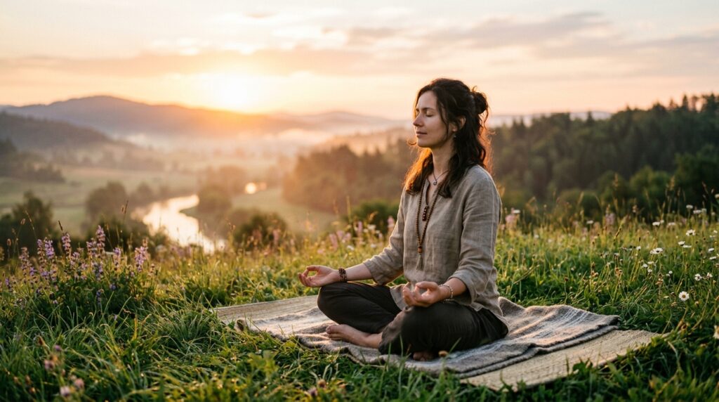 Pessoa meditando ao ar livre ao amanhecer com luz dourada representando paz interior e mindfulness