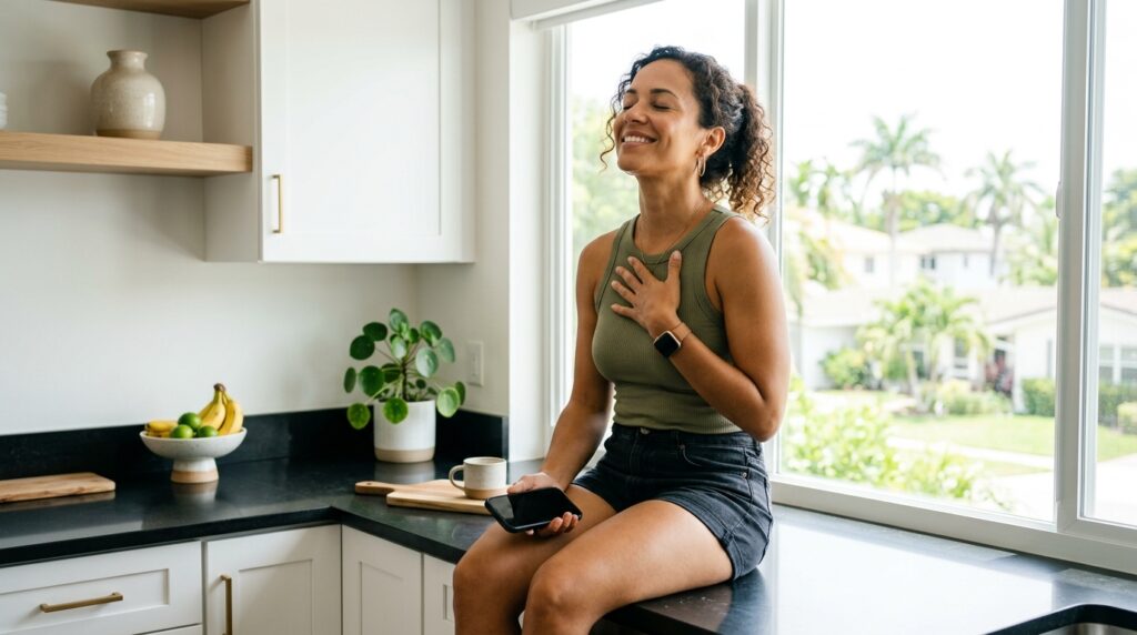 Mulher brasileira sorrindo aliviada ao olhar para o celular, demonstrando tranquilidade na comunicação.