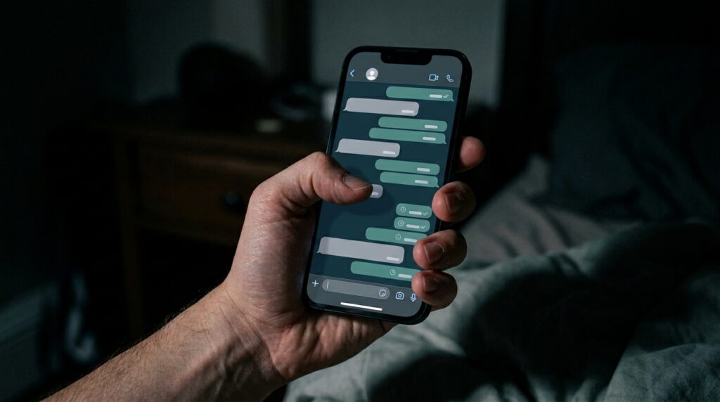 Mão segurando smartphone no escuro esperando por mensagens, simbolizando a ansiedade em relacionamentos.