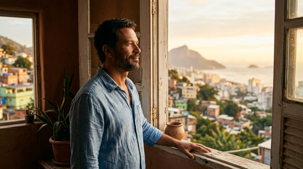 Homem sereno e confiante olhando pela janela sob a luz do sol, representando superação e maturidade emocional.