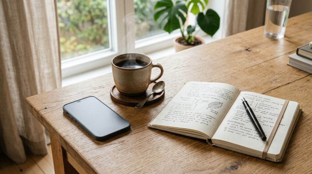 Celular pousado sobre uma mesa de madeira, tela desligada, ao lado de uma xícara de café, simbolizando pausa consciente