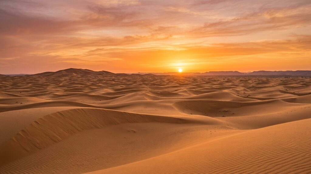 Paisagem de deserto ao entardecer com céu dourado, simbolizando solidão e encontro espiritual.