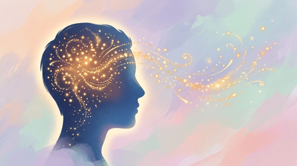 Ilustração conceitual de uma mente calma gerando ideias, representada por luzes suaves e formas orgânicas.