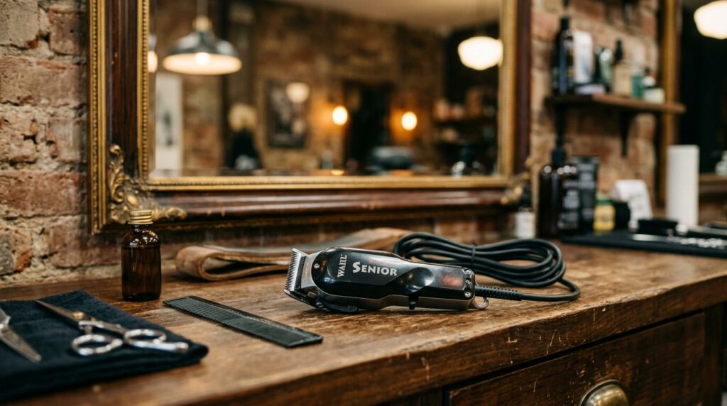 Uma máquina de cortar cabelo sobre uma bancada de barbearia com iluminação suave.
