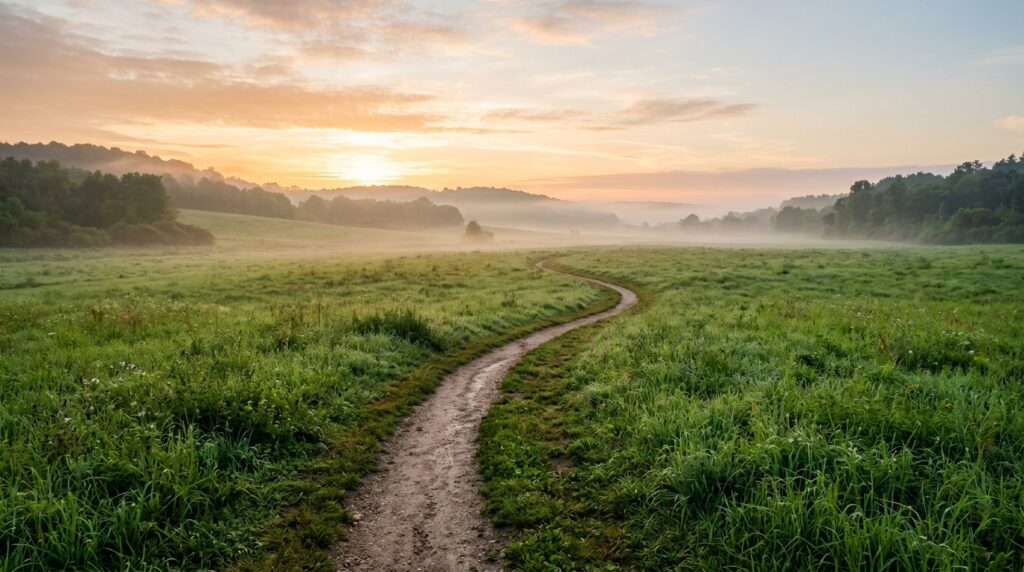 Caminho de terra em meio à natureza ao amanhecer, simbolizando um novo começo e renovação pessoal.