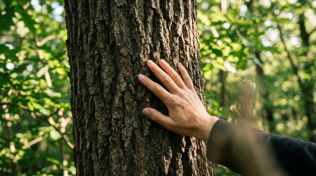 Mão tocando a casca áspera de uma árvore em um parque ensolarado.