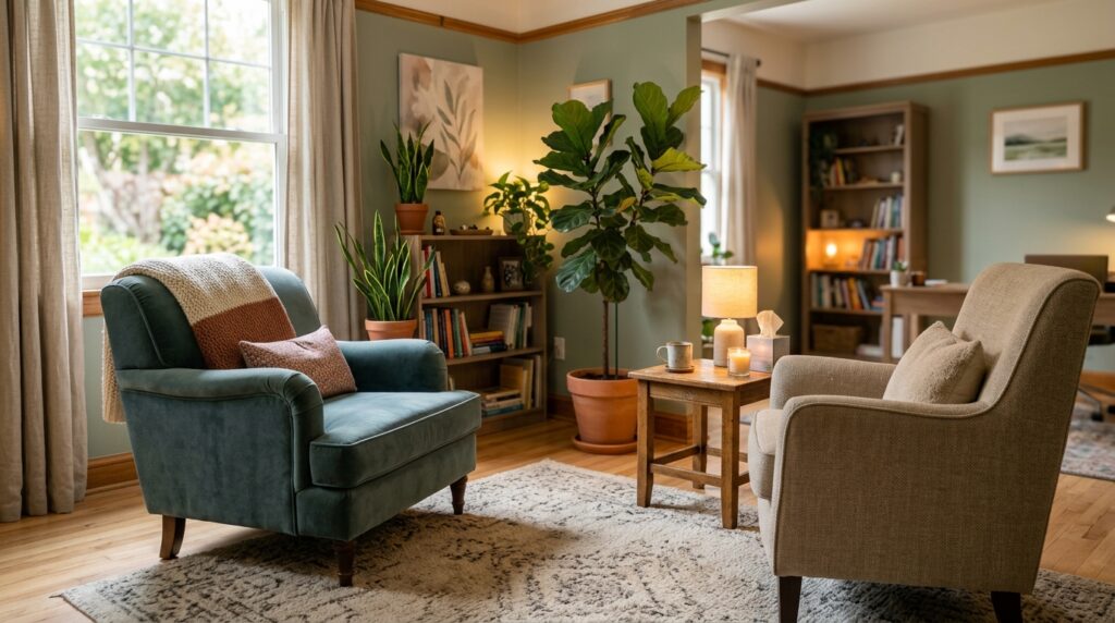 Uma sala de terapia aconchegante com poltronas confortáveis e uma planta ao fundo, transmitindo segurança.