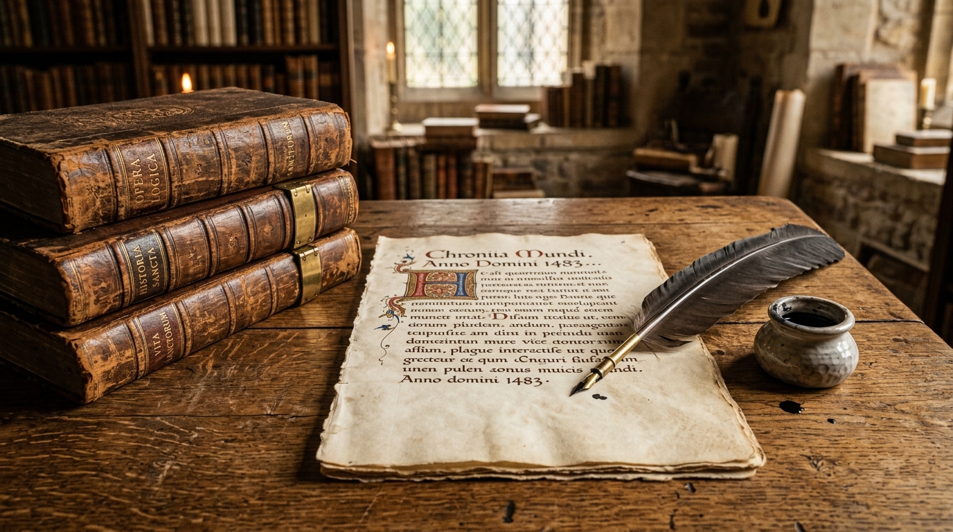Manuscrito histórico antigo com pena de escrever e livros de couro sobre a mesa.