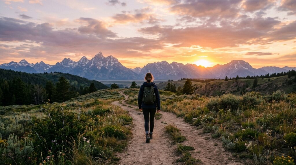 Pessoa caminhando em uma trilha ao pôr do sol em direção às montanhas.