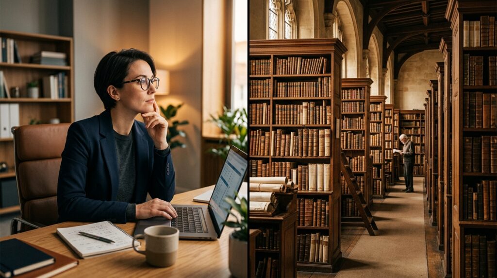 Pessoa moderna trabalhando enquanto reflete sobre conceitos históricos.