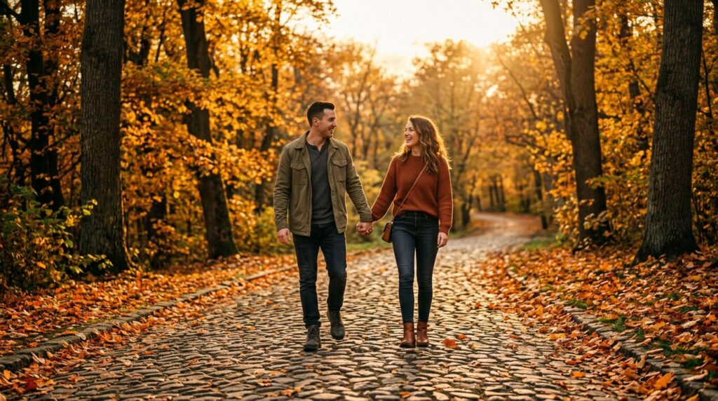 Casal caminhando de mãos dadas em um parque urbano durante o entardecer.