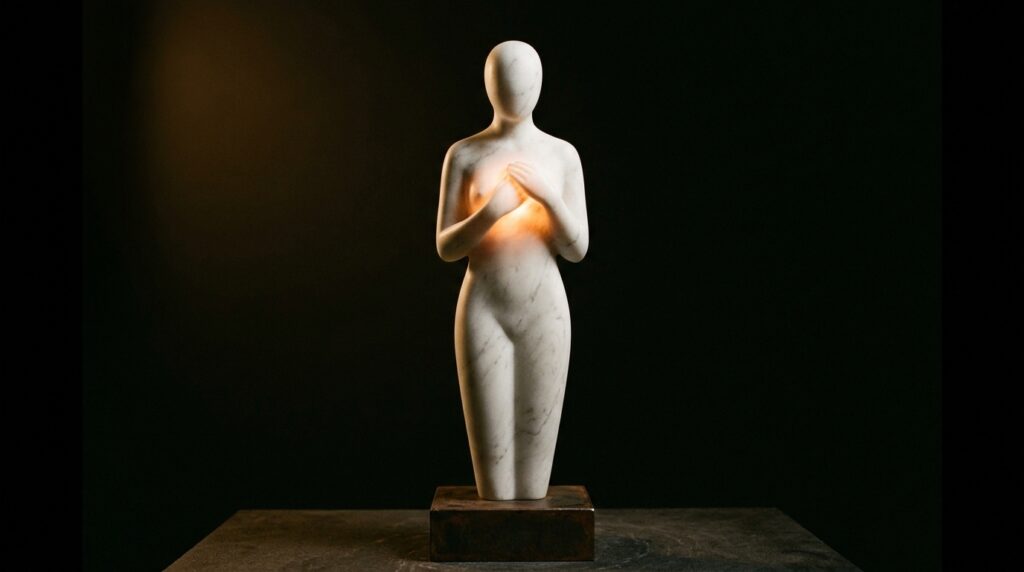 Escultura minimalista iluminada por dentro simbolizando a força interior.