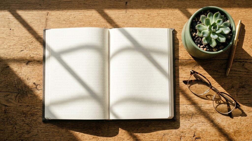 Livro de desenvolvimento pessoal aberto sobre mesa de madeira ao lado de uma planta suculenta e uma caneta estilosa.