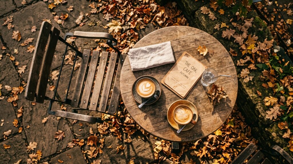 Duas xícaras de café em uma mesa de bistrô com uma cadeira vazia, simbolizando a partida inesperada.