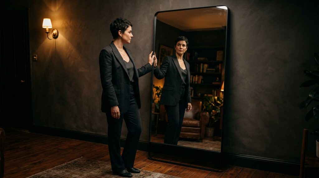 Pessoa em pé diante de um espelho com iluminação dramática encarando seu próprio reflexo com olhar de reflexão e autorresponsabilidade.