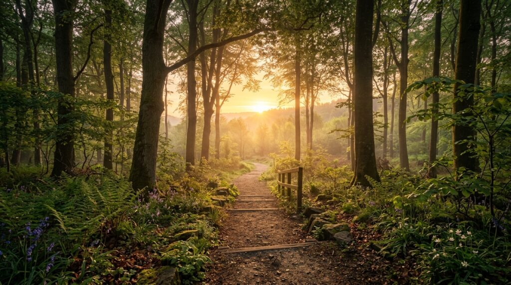 Trilha em uma floresta iluminada pelo sol nascente.