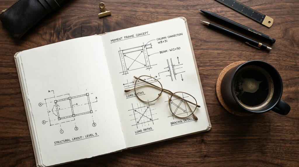 Caderno de capa preta aberto com esquema desenhado à mão ao lado de um relógio e óculos sobre mesa elegante.