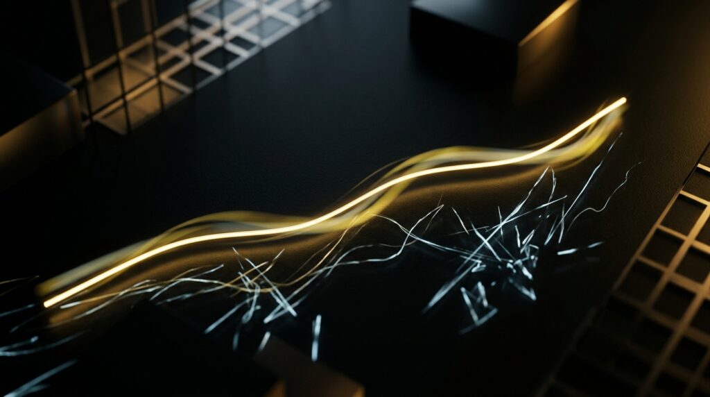 Imagem conceitual abstrata em 3D sobre fundo preto, mostrando uma linha de luz dourada contínua e ascendente (representando a consistência profissional) fluindo acima de linhas de luz prateadas emaranhadas e caóticas (representando a volatilidade amadora). A cena é iluminada com luzes douradas dramáticas e contrastantes.