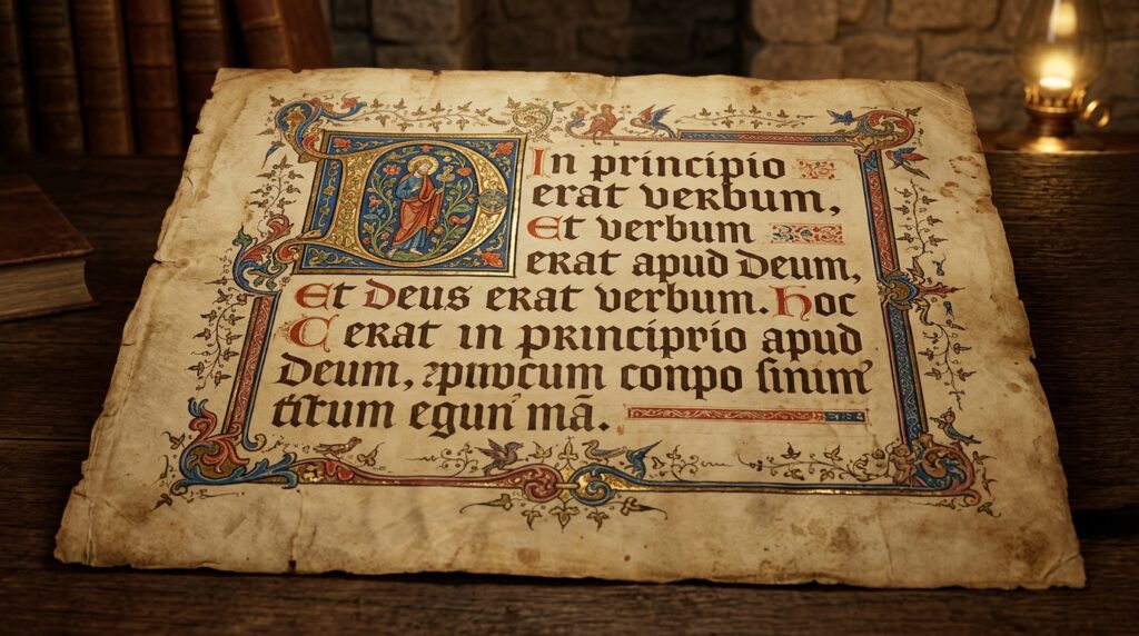 Manuscrito bíblico antigo em pergaminho ilustrando a tradição histórica do estudo das Escrituras.