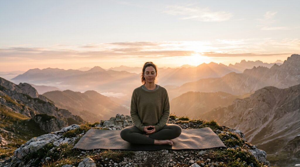 Pessoa meditando no topo de uma montanha ao amanhecer transmitindo paz e equilíbrio.