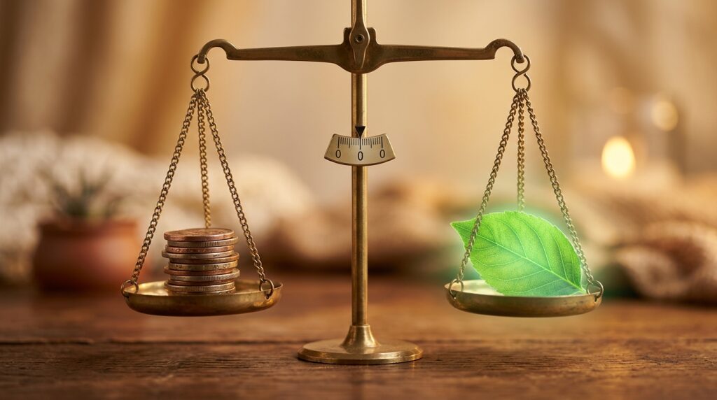 Balança equilibrando moedas de um lado e uma folha verde do outro.