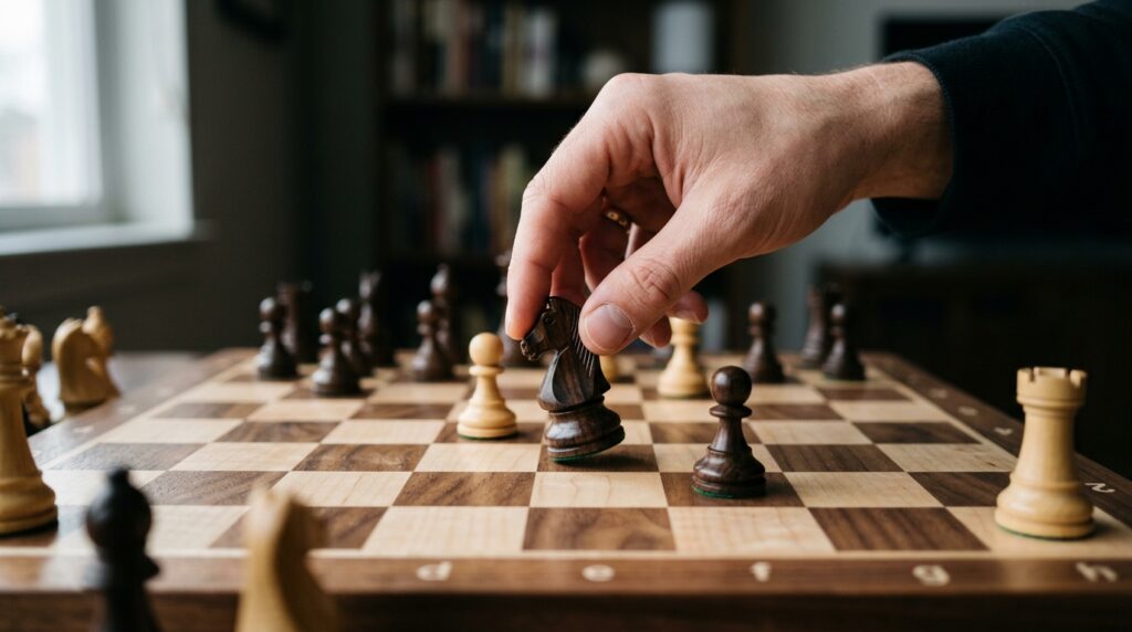 Mão movimentando peça de xadrez em um tabuleiro de madeira com foco estratégico.