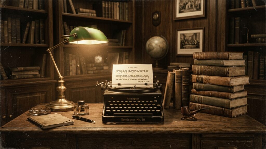 Máquina de escrever antiga e livros sobre mesa de madeira em escritório clássico.