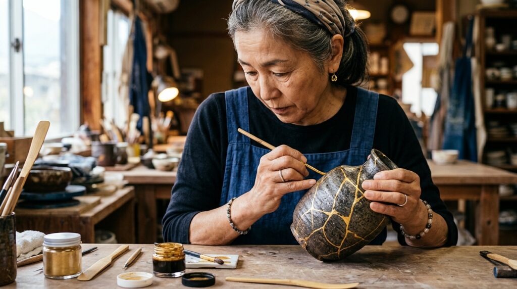 Cerâmica japonesa restaurada com detalhes em ouro simbolizando a superação de falhas.