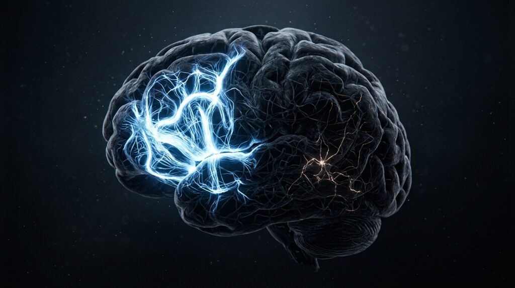 Representação gráfica de conexões neurais demonstrando como hábitos consolidados economizam energia mental.