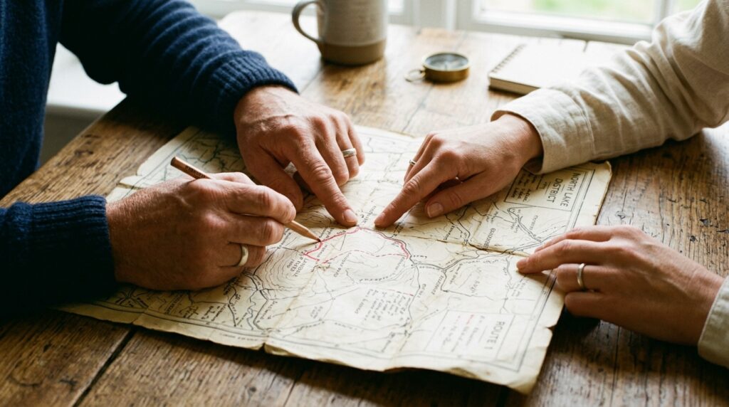 Mãos segurando juntas um mapa estratégico sobre uma mesa de madeira.