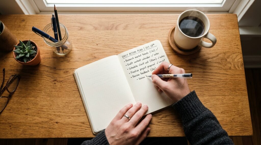 Caderno de planejamento aberto sobre a mesa com anotações de metas práticas para mudança de hábitos.