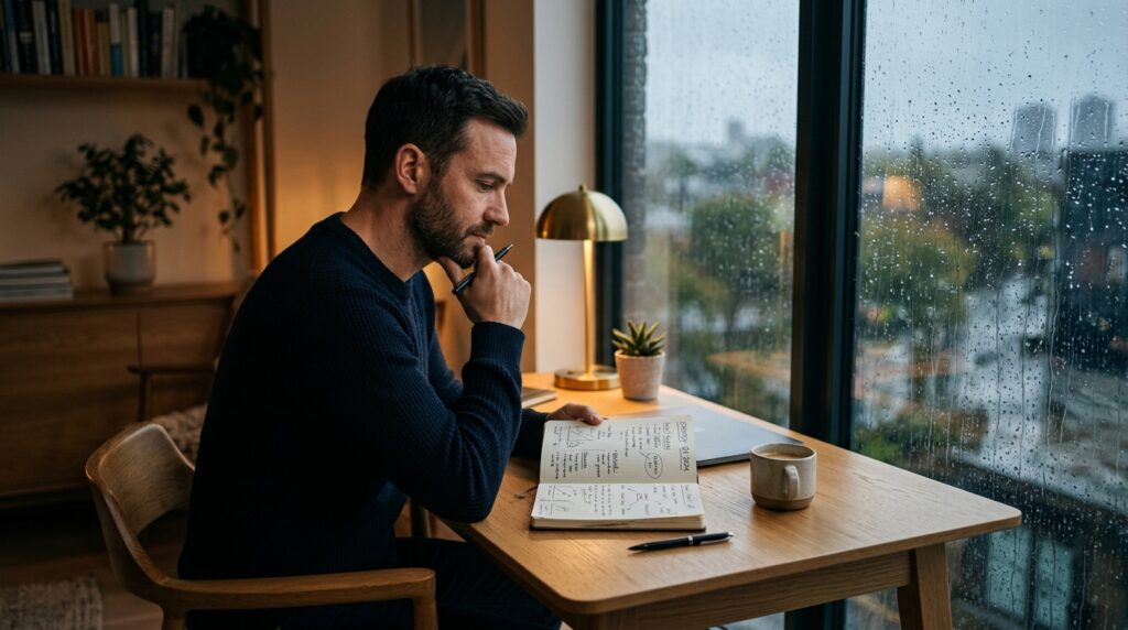 Pessoa em ambiente moderno e calmo analisando gráficos e anotações com postura de foco e clareza mental.