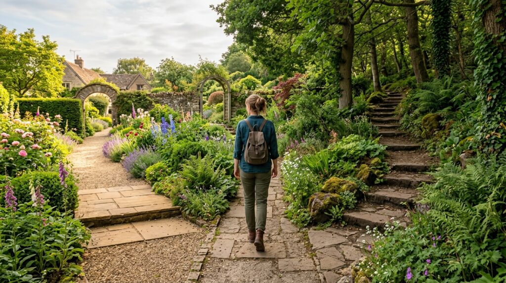 Caminho de jardim se dividindo em duas opções ao ar livre.