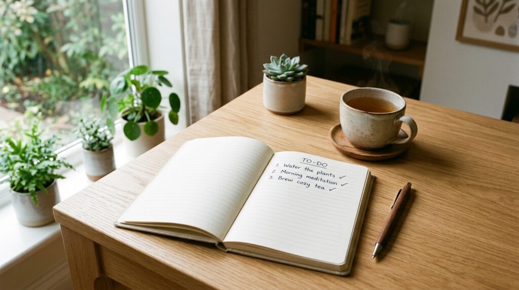 Caderno de anotações minimalista em uma mesa de madeira com itens simples de autocuidado.