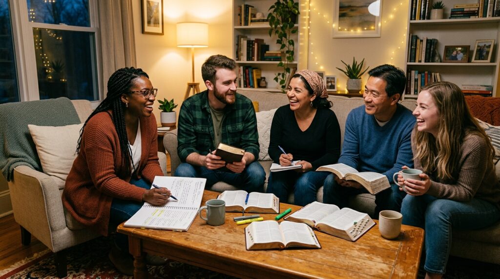Pessoas reunidas em círculo conversando e estudando textos teológicos e bíblicos.