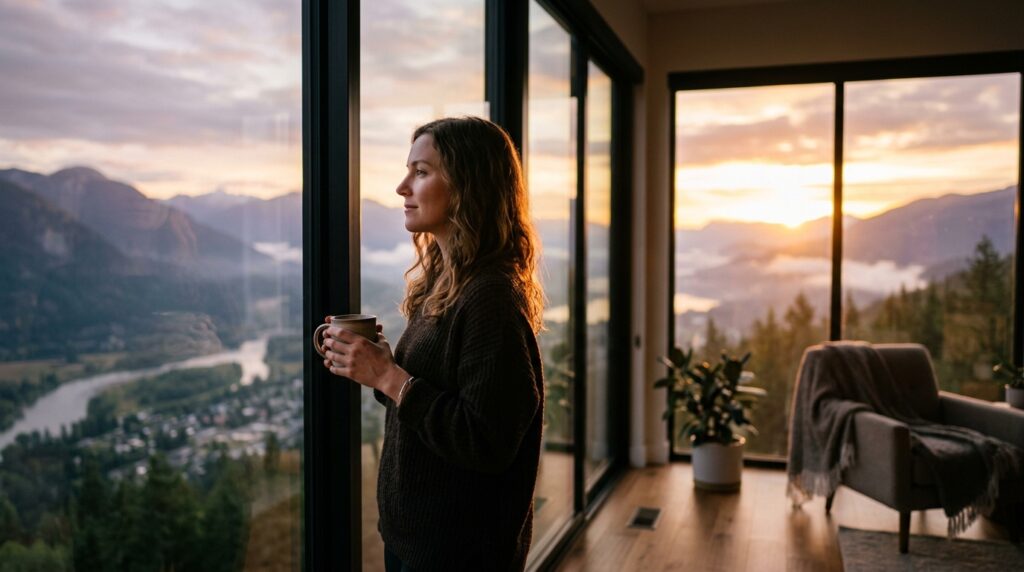 Indivíduo sereno observando o horizonte ao amanhecer, simbolizando a conquista da autorregulação pessoal.