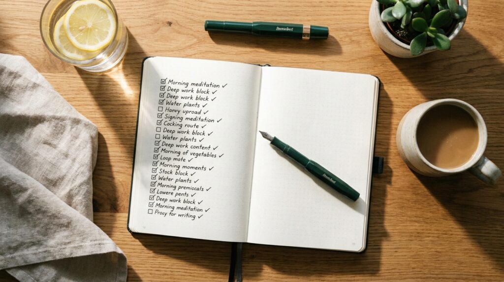 Caderno de planejamento aberto com tarefas concluídas ao lado de uma caneta e copo d'água.