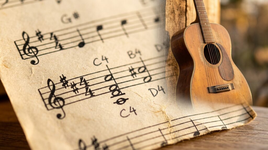 Partitura musical destacando a estrutura harmônica de terça com violão rústico ao fundo