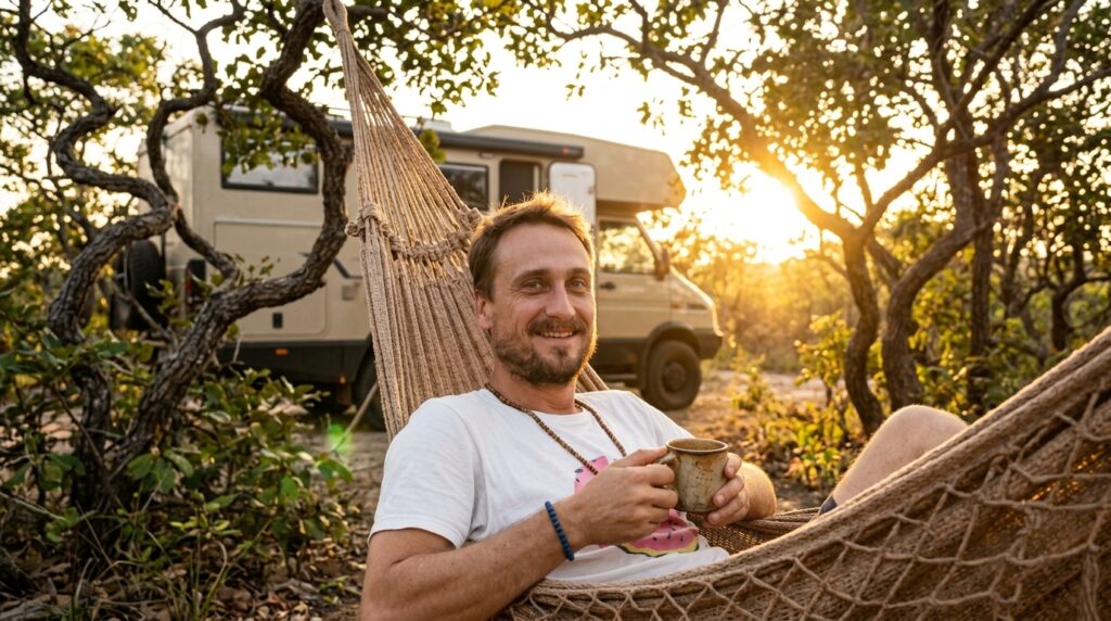 Homem descansando em uma rede ao lado de moradia ecológica na Chapada dos Veadeiros no fim de tarde.