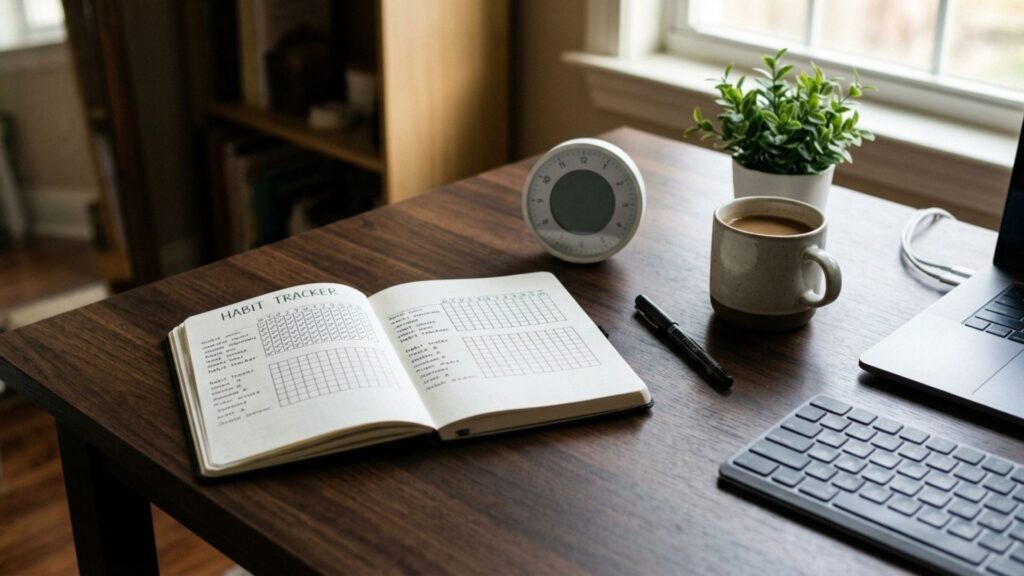 Mesa de trabalho organizada com um caderno de rastreamento de hábitos e cronômetro focal.