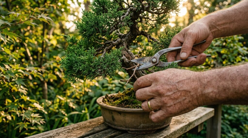 Mãos de um jardineiro utilizando tesouras de poda para aparar galhos secos de uma árvore robusta ao pôr do sol.