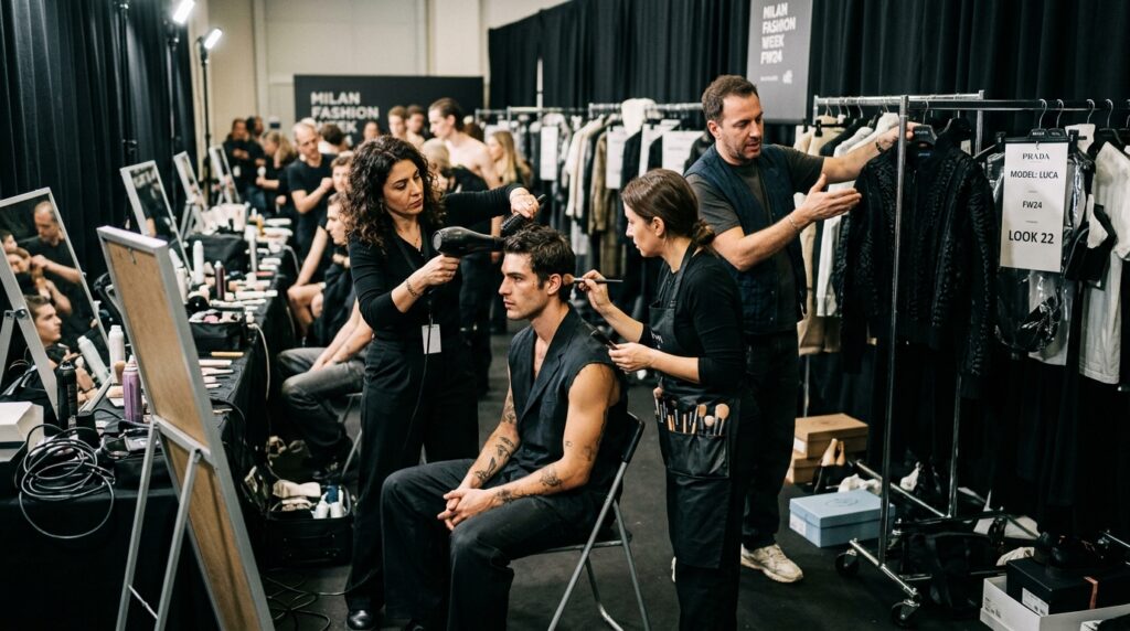 Bastidores da Semana de Moda de Milão com equipe preparando modelo para desfile.