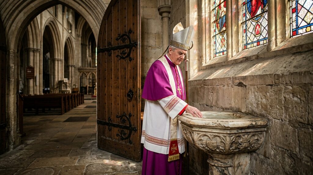 Alternativo: Bispo na porta de uma catedral tocando a água benta em gesto de lembrança do batismo durante encontro episcopal.