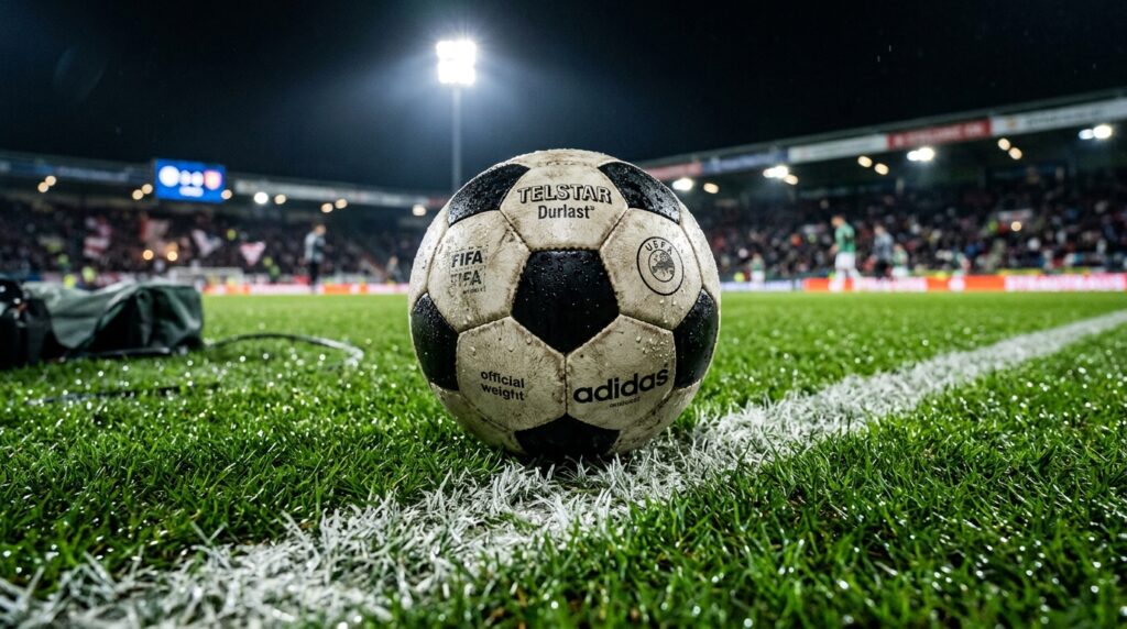 Bola de futebol no gramado iluminado de estádio durante a fase decisiva da Série C do Campeonato Brasileiro.